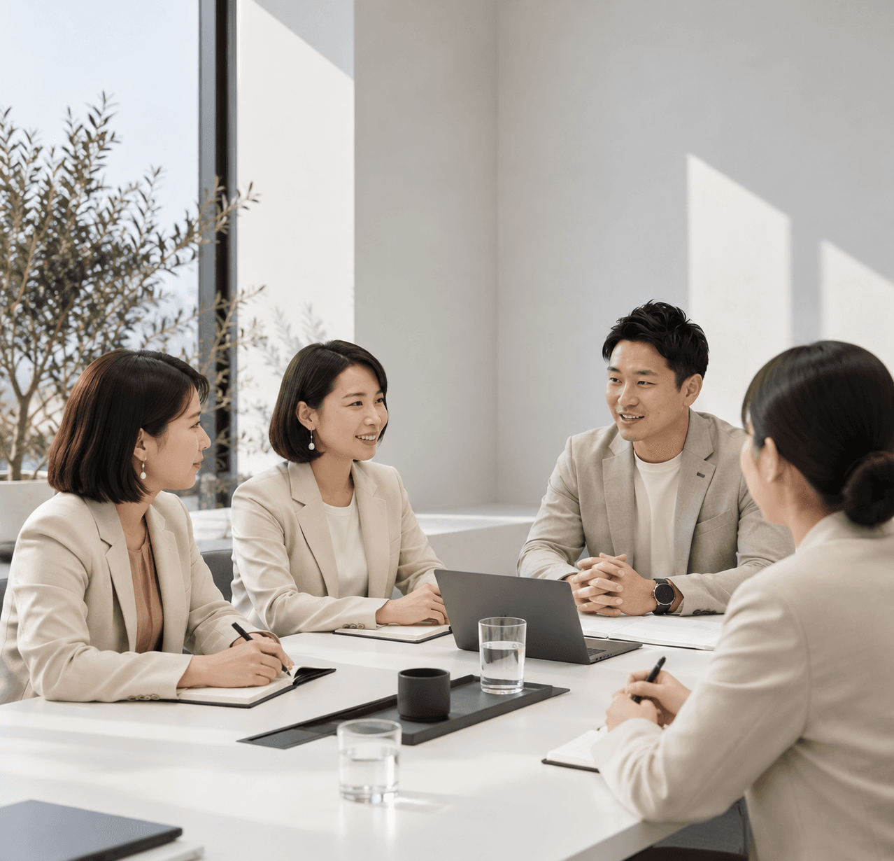 Four colleagues in light blazers talking around a white meeting table in a bright office